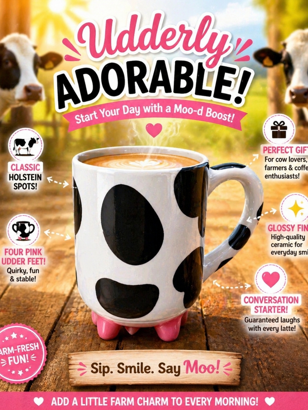 Udderly Cow Mug with Non-Skid Silicone Feet Hand Painted Ceramic 20 Fl oz
